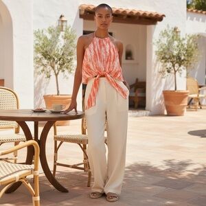 Tyche Tie Hem Cami Sz M Salmon White Short Keyhole Cutout Beach Vacation Coastal